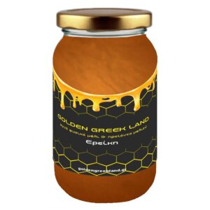 Αγνό φυσικό βιολογικό μέλι Ερείκης από την Golden Greek Land, σε συσκευασία των 250ml, 500ml, 1000ml και 3000ml.